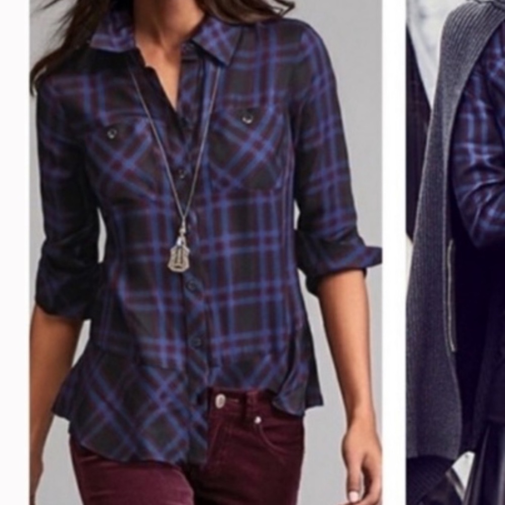Cabi Moody Plaid Blue Black Peplum Button Up Shirt Size XL but fits like a S.